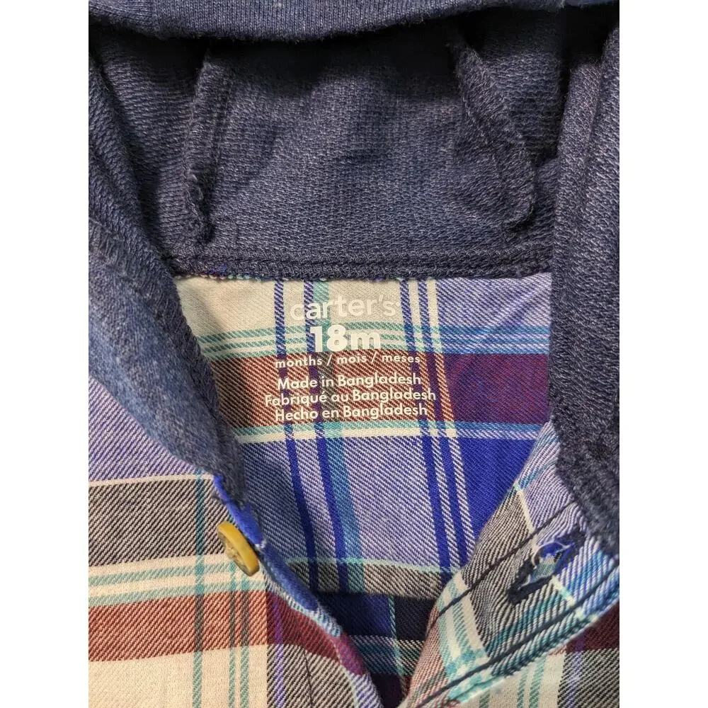 NWT Carter's Baby Boy 18 months Plaid Hooded‎ Button-Front Shirt Stylish Toddler